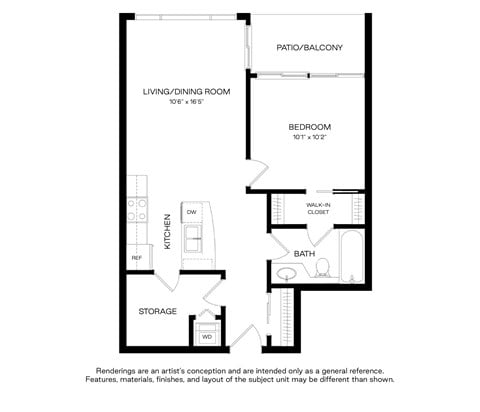 Floor plan for 1 bed, 1 bath, 579 sqft